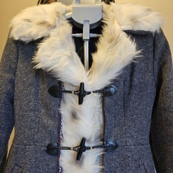 True Vintage 70s Gray Nordic Faux Fur Penny Lane Toggle Wool Coat Womens S Boho - Picture 2 of 8